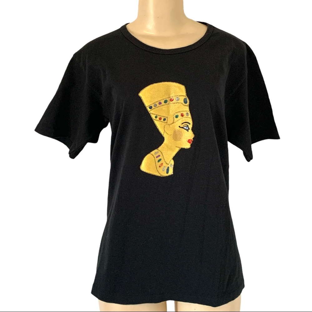 Egyptian Pharaoh Sequin Gold Print Graphic Tee Shirt Black